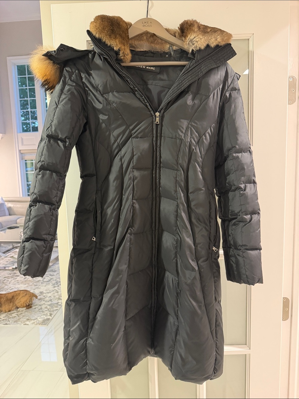 Andrew Marc 3/4 Long Black Quilted Down Coat with detachable hood and fur collar